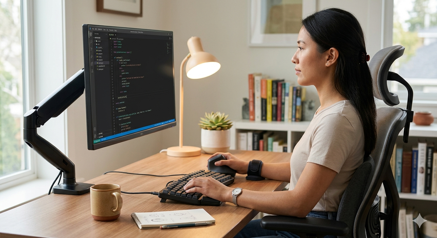 올바른 자세로 모니터를 바라보는 모습