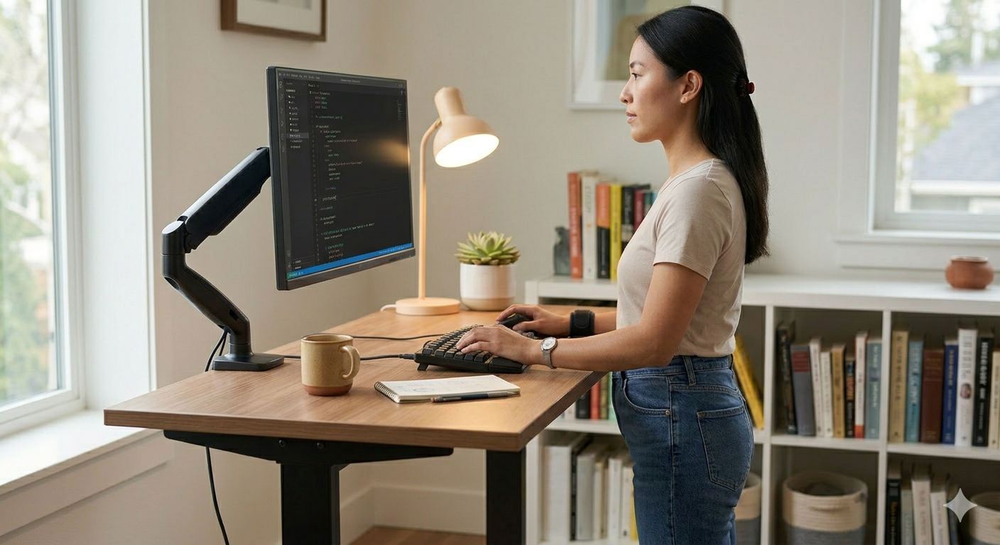 스탠딩 데스크에서 작업하는 모습