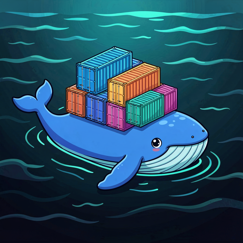 The Docker whale carrying containers across the sea
