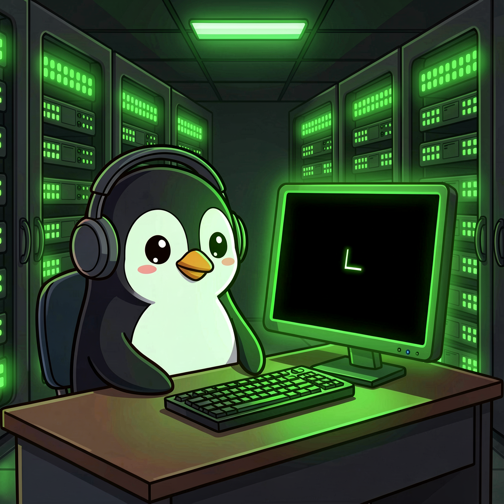Linux penguin working in a server room